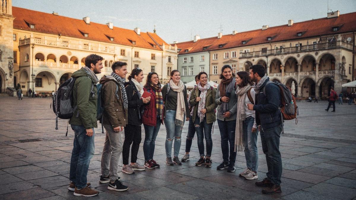 Group of twelve travellers standing together in the main square of Kraków during the October 2024 departure