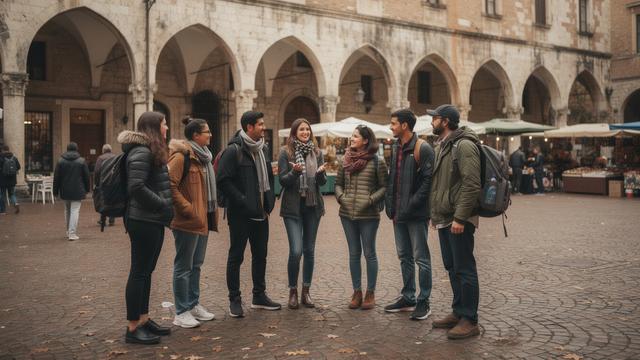 Group of twelve student travellers in autumn jackets in a Kraków market square